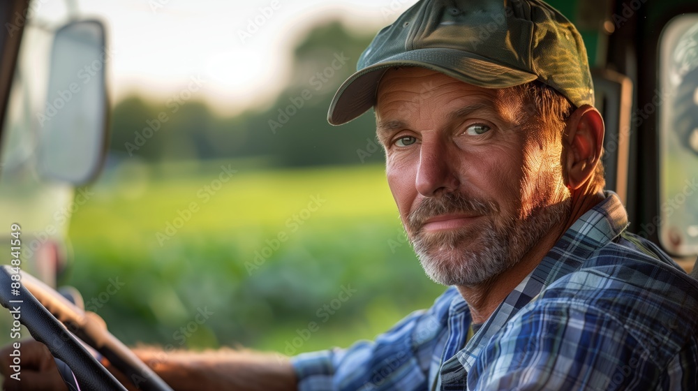 A farmer in his mid-50s, wearing a blue plaid shirt and green baseball cap with a gray brim, sits behind the wheel of an open tractor cab looking out at crops A farmer in his mid-50s, wearing a blue plaid shirt and green baseball cap with a gray brim, sits behind the wheel of an open tractor cab looking out at crops