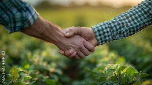 A farmer and an agribusiness salesperson shaking hands in the middle of a green field © ifoto