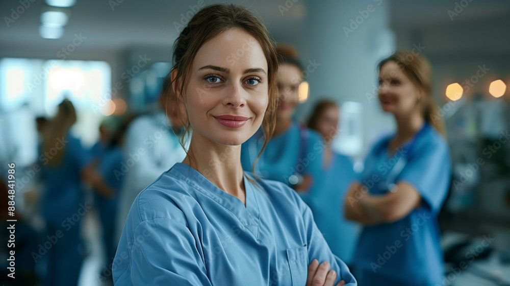 A smiling nurse in blue scrubs stands with her medical team behind A smiling nurse in blue scrubs stands with her medical team behind