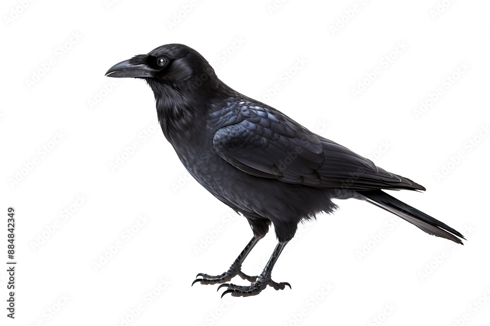 Obraz premium High-resolution image of a crow with wings slightly spread, isolated on a transparent background, perfect for graphic design and artistic projects.
