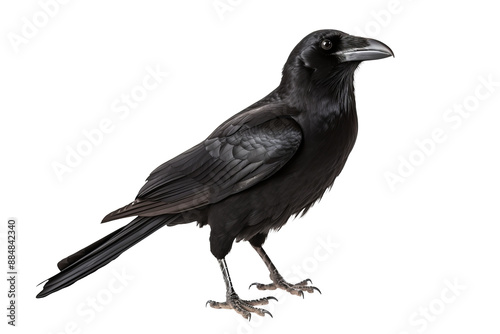 High-resolution image of a crow with wings slightly spread, isolated on a transparent background, perfect for graphic design and artistic projects.
