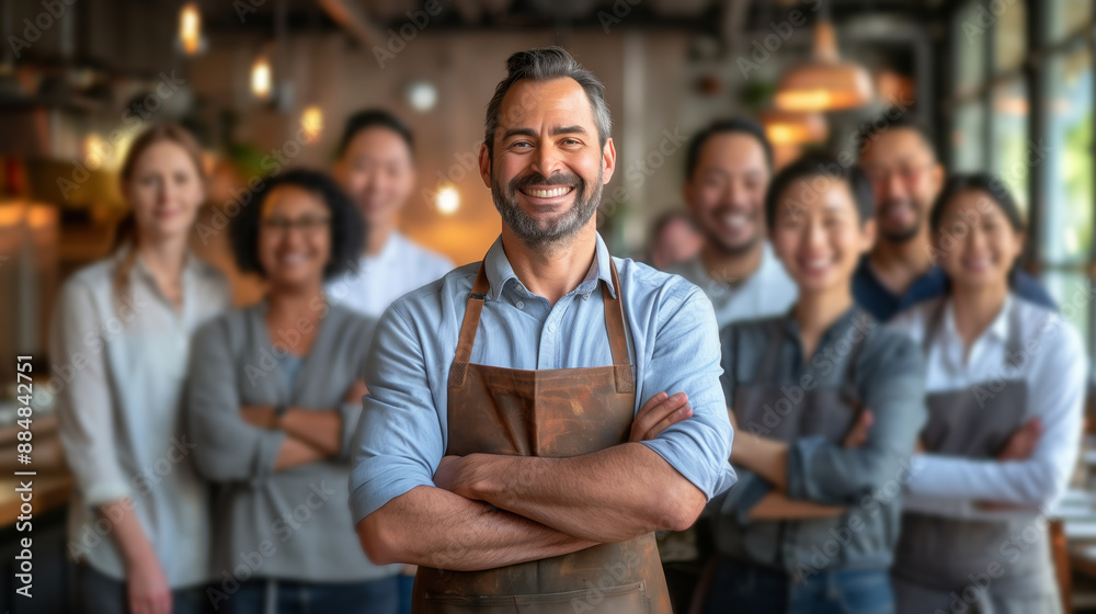 portrait of a group of team business owners and chefs standing in front at a restaurant with an apron portrait of a group of team business owners and chefs standing in front at a restaurant with an apron