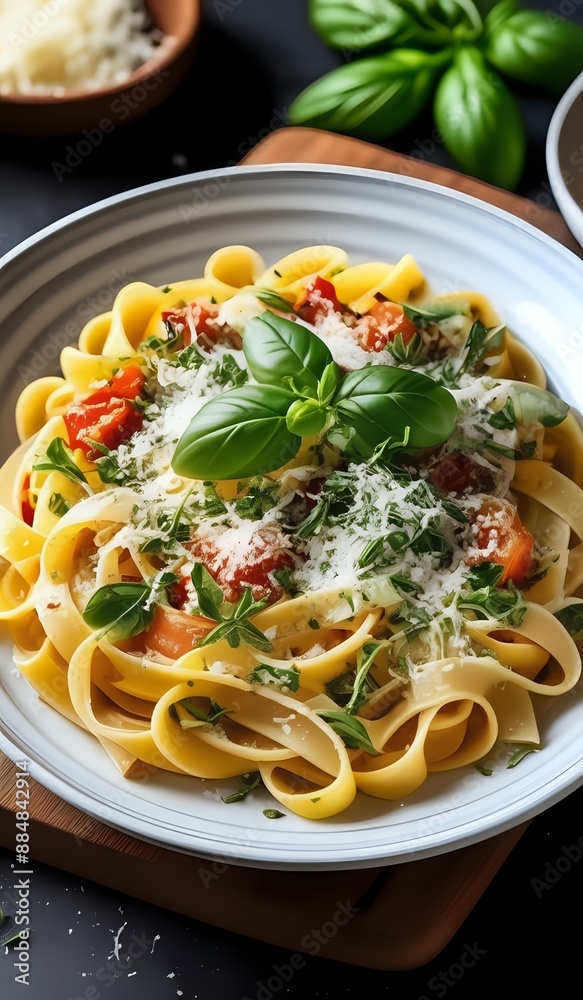 A delicious pasta dish garnished with fresh herbs and grated cheese, served on a rustic plate A delicious pasta dish garnished with fresh herbs and grated cheese, served on a rustic plate