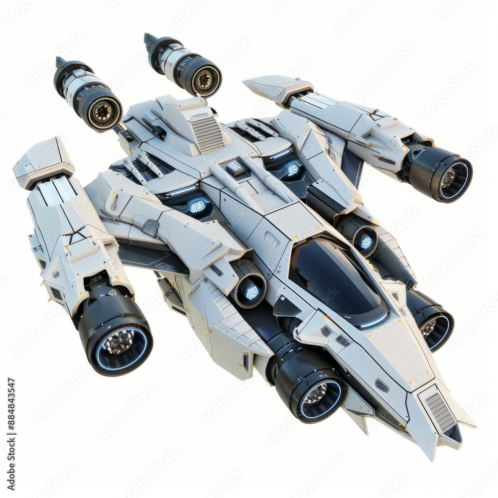 3D Render, Low Poly style of interstellar spaceship with multiple engines, on isolated white background, Generative AI 3D Render, Low Poly style of interstellar spaceship with multiple engines, on isolated white background, Generative AI