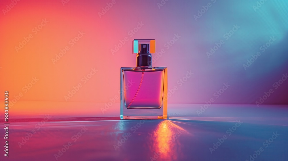 Elegant Perfume Bottle with Gradient Lighting on Reflective Surface, Capturing Modern Luxury and Sophistication in a Minimalist Setting Elegant Perfume Bottle with Gradient Lighting on Reflective Surface, Capturing Modern Luxury and Sophistication in a Minimalist Setting
