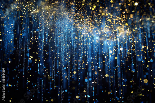 A cascade of blue and gold particles falling like stardust, creating a radiant waterfall of light against a deep, inky black background