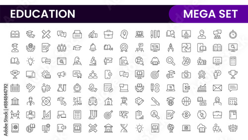 "Education line icons collection. Big UI icon set in a flat design. Thin outline icons pack. Thin line icons set of academic subjects and education. Outline symbol collection.
"