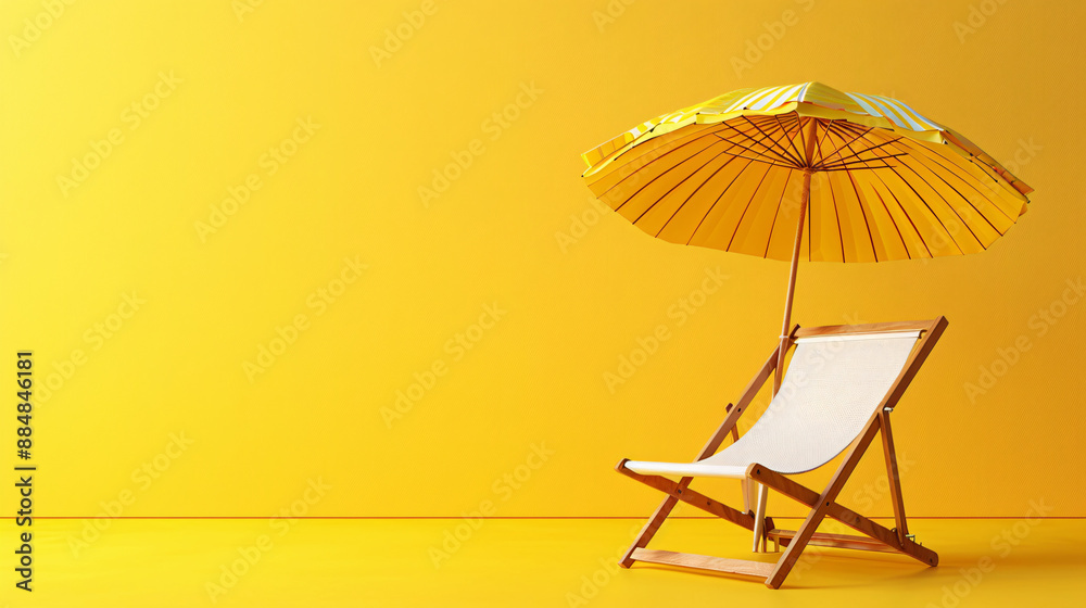 Beach chair with umbrella on vibrant yellow summer background, perfect for travel and vacation promotions. Beach chair with umbrella on vibrant yellow summer background, perfect for travel and vacation promotions.