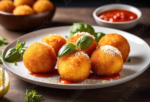 golden crispy arancini balls served tangy marinara sauce white plate, fried, crunchy, breaded, stuffed, round, spheres, orbs, italian, sicilian, rice, risotto, sharp