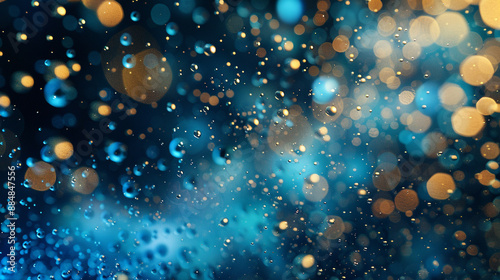 An abstract representation of an underwater scene with blue and gold particles mimicking the play of light and bubbles.