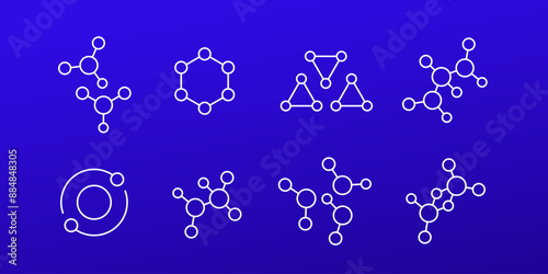 molecules and nanoparticles icons, linear vector set