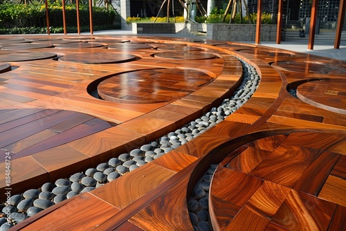 Wooden deck with stone path and circular wooden inlays