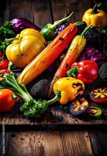 charred vegetables rustic wooden plank healthy food presentation, grilled, organic, fresh, colorful, delicious, natural, vegan, nutritious, roasted photo