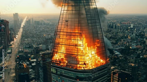 Towering inferno engulfs skyscraper. Aerial view captures flames consuming glass facade, stark contrast against twilight cityscape. Smoke billows, emergency response mobilizes below.	 photo