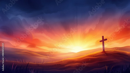 Beautiful grunge illustration featuring a large cross on a hill at sunset, perfect for Good Friday.