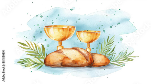 Beautiful watercolor illustration of Corpus Christi celebration with golden chalice and bread. photo