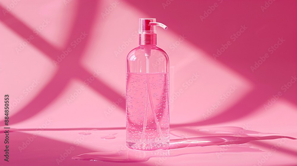 A clear plastic bottle with a pump dispenser standing on a coral pink background, casting a defined shadow. A clear plastic bottle with a pump dispenser standing on a coral pink background, casting a defined shadow.