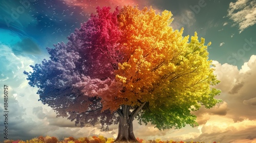 A tree with leaves in the colors of rainbow, sky background, high resolution photography, insanely detailed and intricate, hyper realistic photo