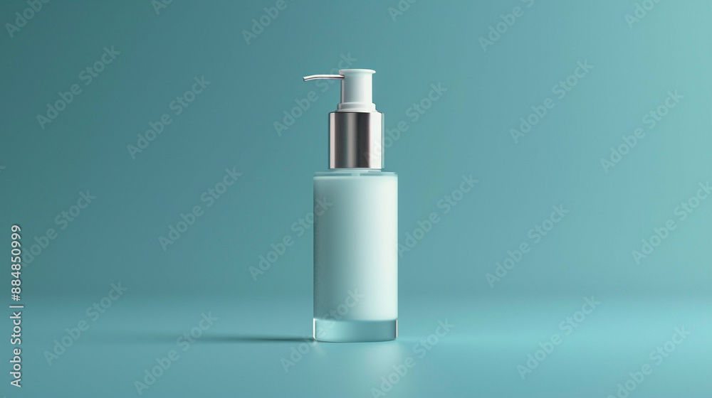 A frosted white cosmetic bottle with a silver pump positioned on a light blue background, with ample space for text on the left. A frosted white cosmetic bottle with a silver pump positioned on a light blue background, with ample space for text on the left.