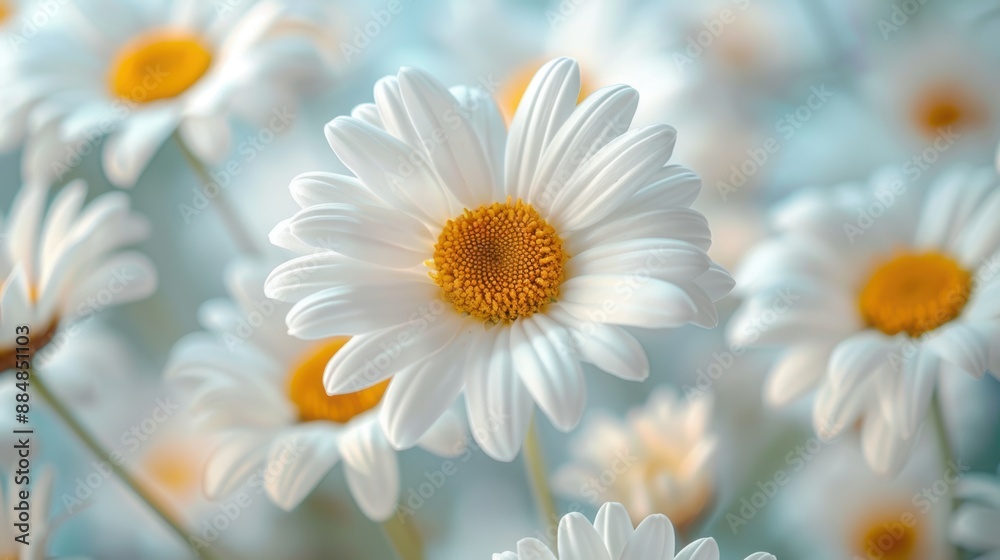 Close-up of beautiful white daisies with yellow centers, capturing the delicate details of the petals in vibrant natural light. Close-up of beautiful white daisies with yellow centers, capturing the delicate details of the petals in vibrant natural light.