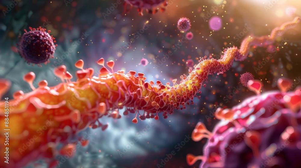 Illustration of the link between H.pylori infection and peptic ulcer disease, showing the bacteria causing ulcers in the stomach and duodenum.
