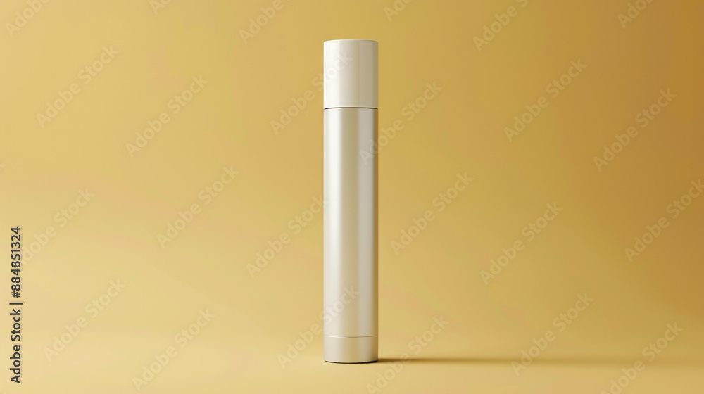 A glossy silver tube with a white cap on a plain soft yellow background, great for advertisements. A glossy silver tube with a white cap on a plain soft yellow background, great for advertisements.