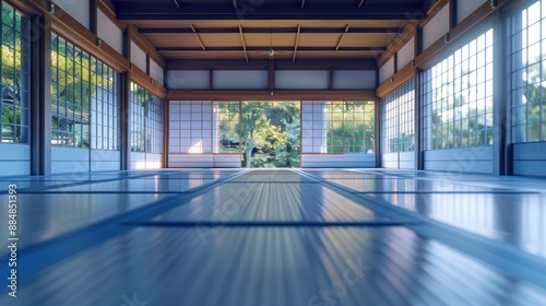 Serene Japanese tatami room with natural light, wooden beams, and shoji screens overlooking a lush garden in daylight.