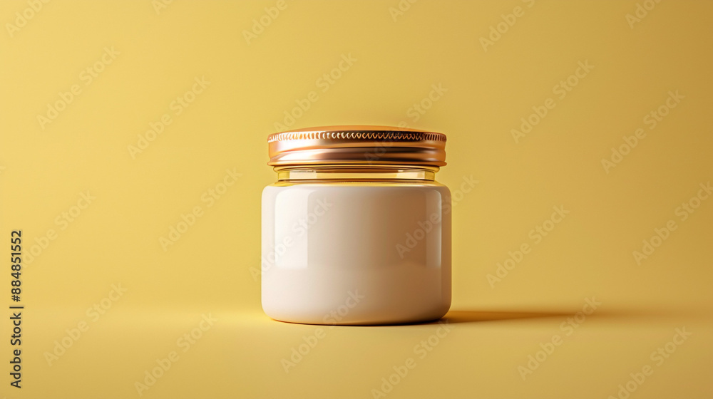 A matte white jar with a rose gold lid on a solid pastel yellow background, with room for promotional text. A matte white jar with a rose gold lid on a solid pastel yellow background, with room for promotional text.