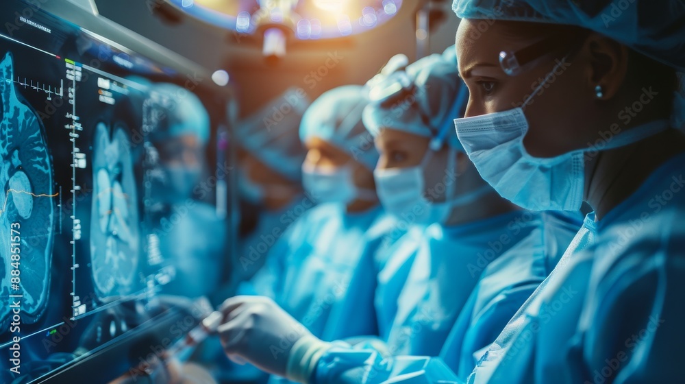 Medical team performing an endoscopy to diagnose H.pylori infection in a patient,Show the endoscope and the display screen with images of the stomach lining. Medical team performing an endoscopy to diagnose H.pylori infection in a patient,Show the endoscope and the display screen with images of the stomach lining.