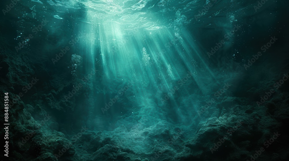 Underwater scenery with sun rays penetrating through the water surface, illuminating the deep sea, creating a mysterious and serene atmosphere. Underwater scenery with sun rays penetrating through the water surface, illuminating the deep sea, creating a mysterious and serene atmosphere.