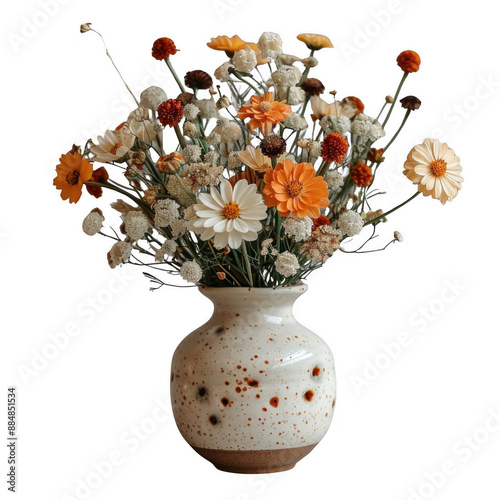 Beautiful bouquet of assorted flowers in a speckled ceramic vase. Perfect for adding a touch of nature to any room or occasion. photo