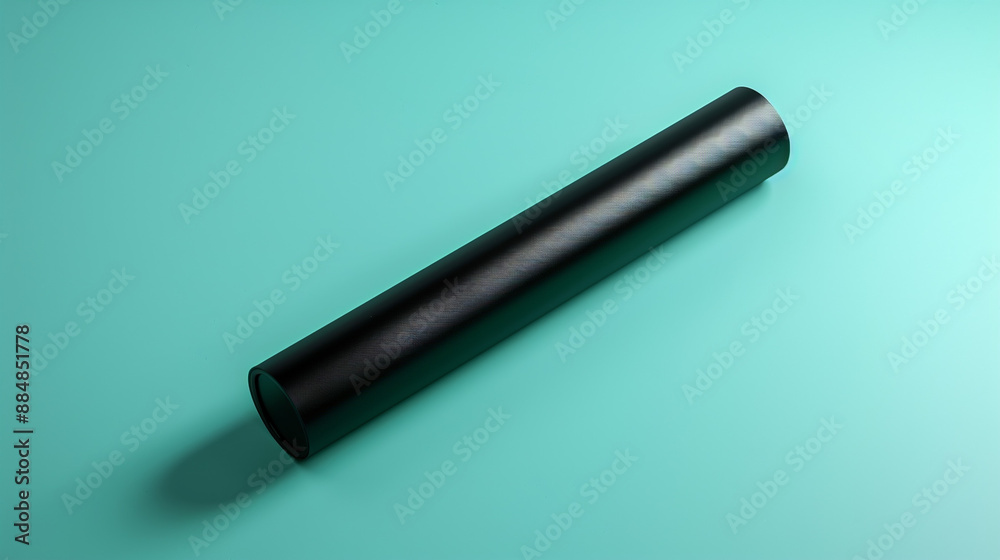 A sleek black tube with a matte finish lying horizontally on a mint green background, surrounded by gentle light reflections. A sleek black tube with a matte finish lying horizontally on a mint green background, surrounded by gentle light reflections.