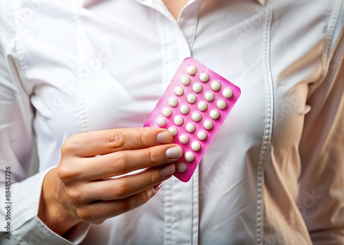 White blouse-draped hand cradles a pink blister pack of hormonal oral contraceptives, symbolizing estrogen and progestin balance in birth control methods for women's reproductive health. photo