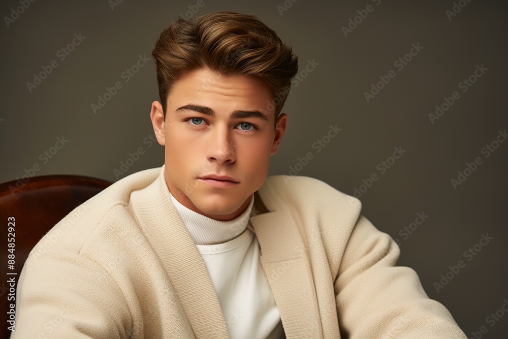Fototapeta premium A young man in a white jacket and white shirt sits in a chair