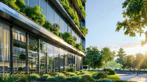 An office building with energy-efficient windows and green building certifications.