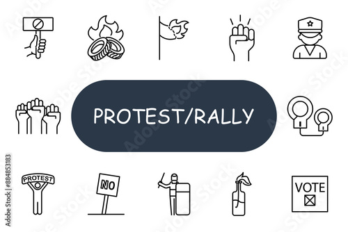 Protest set icon. Sign, tires, flag, fist, police, megaphone, no sign, riot, molotov, vote, demonstration, activism, civil rights, movement, rebellion, dissent, strike, rally, protest, crowd.