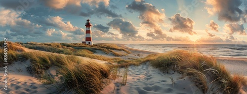 panoramic view of the lighthouse on sylt at sunset, sea and dunes in background, grassy mounds with sun rays shining through clouds, red white striped lighthouse in distance, beach in foreground, phot