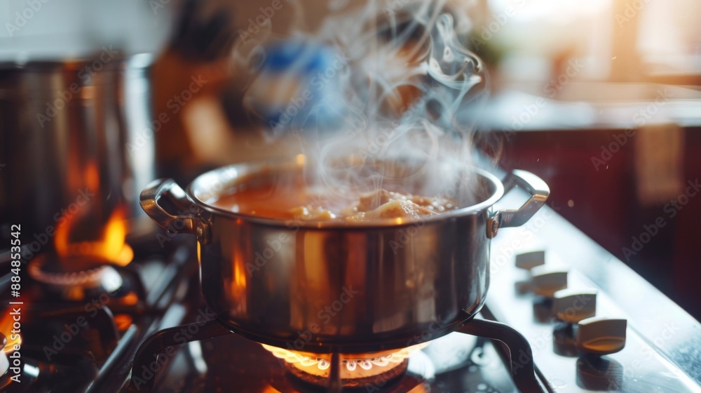 Close-up of a boiling pot of soup on a gas stove in a cozy kitchen.