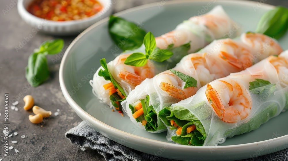 Fresh spring rolls with shrimp, mint, and vegetables on a plate, served with a side of dipping sauce. A healthy and delicious appetizer. Fresh spring rolls with shrimp, mint, and vegetables on a plate, served with a side of dipping sauce. A healthy and delicious appetizer.