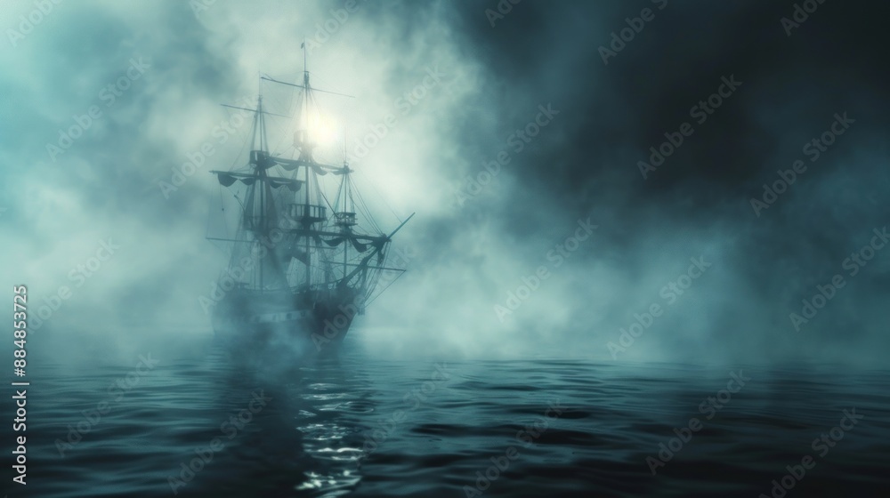 A ghost ship sailing through foggy waters under a dark sky A ghost ship sailing through foggy waters under a dark sky