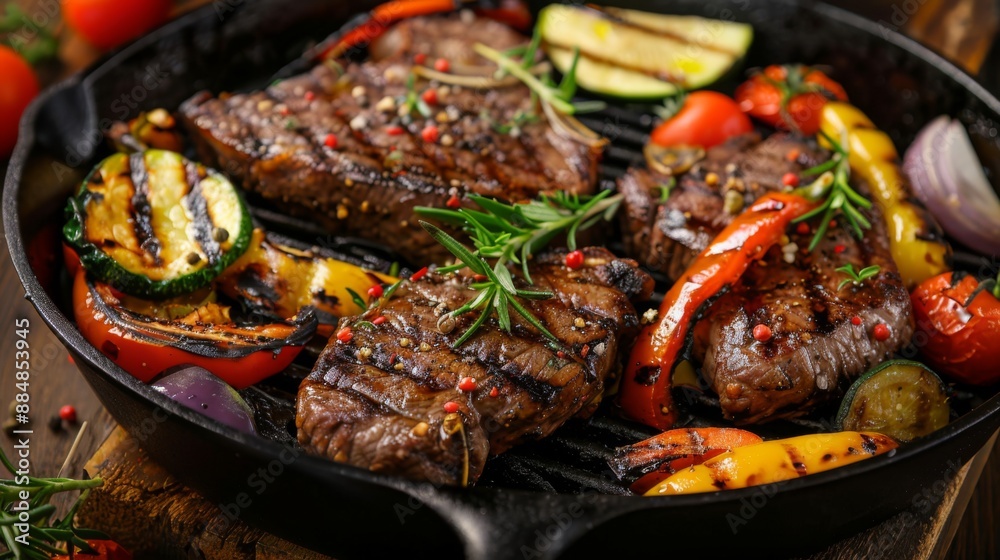 Close-up of a seasoned cast iron pan with grilled steaks and vegetables. Close-up of a seasoned cast iron pan with grilled steaks and vegetables.