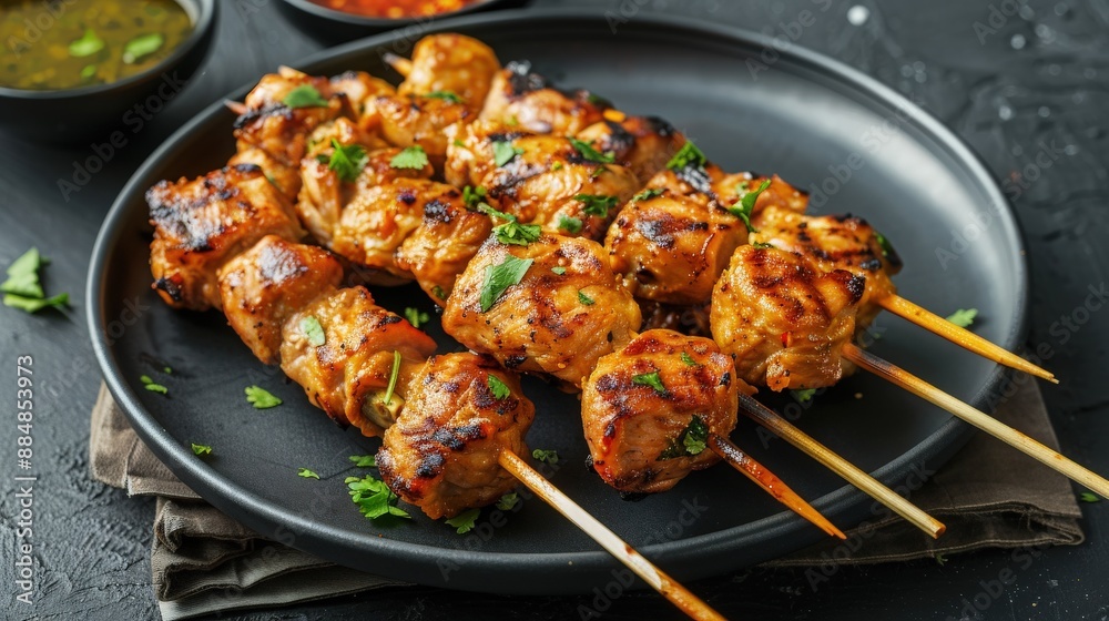 Juicy grilled chicken skewers garnished with herbs on a dark plate. Perfect for BBQ dinners and summer gatherings. Juicy grilled chicken skewers garnished with herbs on a dark plate. Perfect for BBQ dinners and summer gatherings.