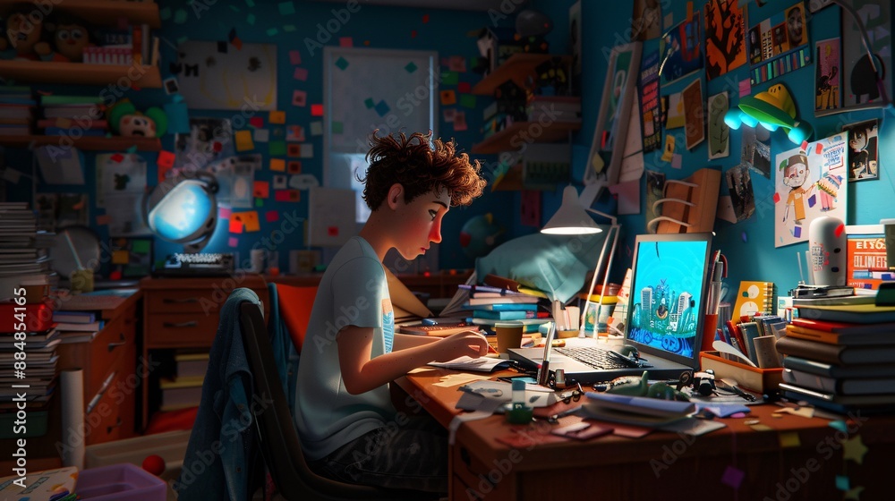 5. A student sitting at a desk in a dorm room, surrounded by books and study materials, with a laptop open and a cup of coffee nearby 5. A student sitting at a desk in a dorm room, surrounded by books and study materials, with a laptop open and a cup of coffee nearby