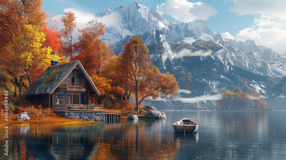 Fototapeta premium A detailed shot of a charming lakeside cottage with a small boat docked nearby, surrounded by autumn trees and mountains.