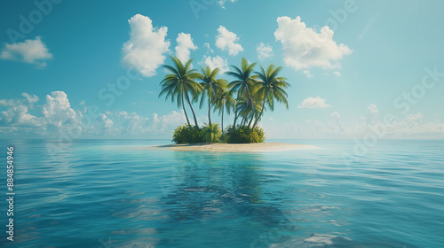 A detailed shot of a small, secluded island with palm trees and a pristine beach, set against a backdrop of a calm blue ocean.