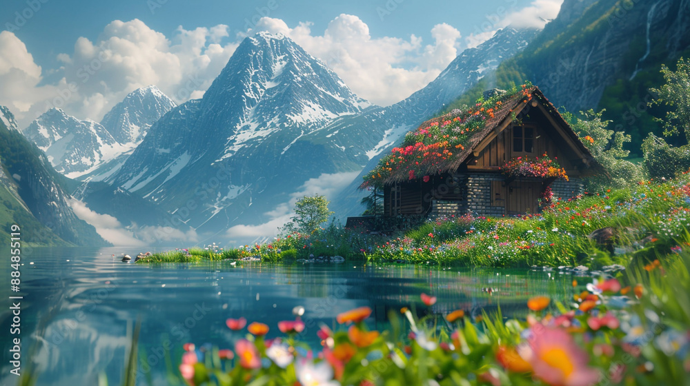 Fototapeta premium A mesmerizing close-up of a lakeside cottage with a thatched roof, surrounded by wildflowers and set against a mountain range.