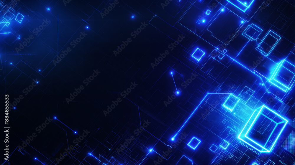 Floating blue cubes and connected dots on a dark background. Futuristic abstract digital network concept