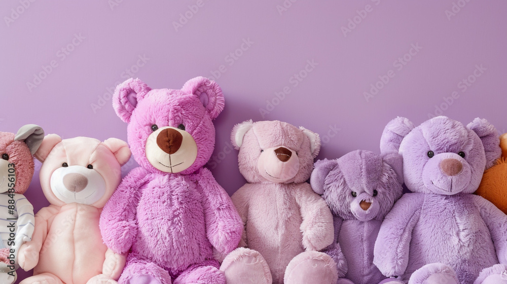 A collection of plush animal toys on a soft lavender background, leaving room for copy on the right. A collection of plush animal toys on a soft lavender background, leaving room for copy on the right.