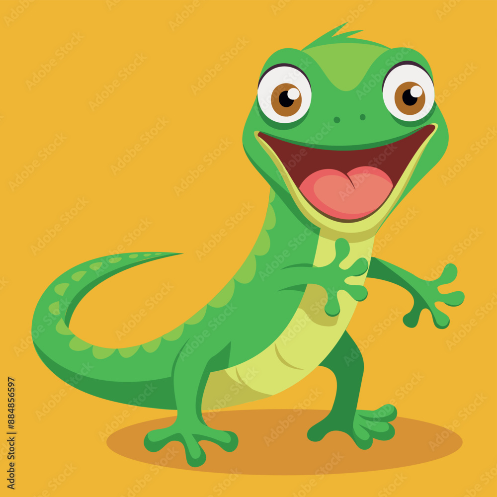 Fototapeta premium Funny and cute green lizard flat design. Cartoon reptile with open mouth isolated vector illustration. Vector cartoon chameleon. African animal. Funny green female lizzard with open mouth.