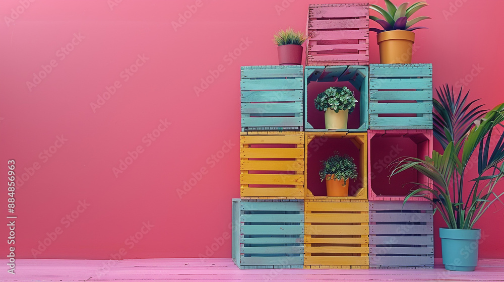 Naklejka premium A DIY podium made from stacked milk crates, each painted a different color, isolated on a pastel pink backdrop, with open space for text on the right.